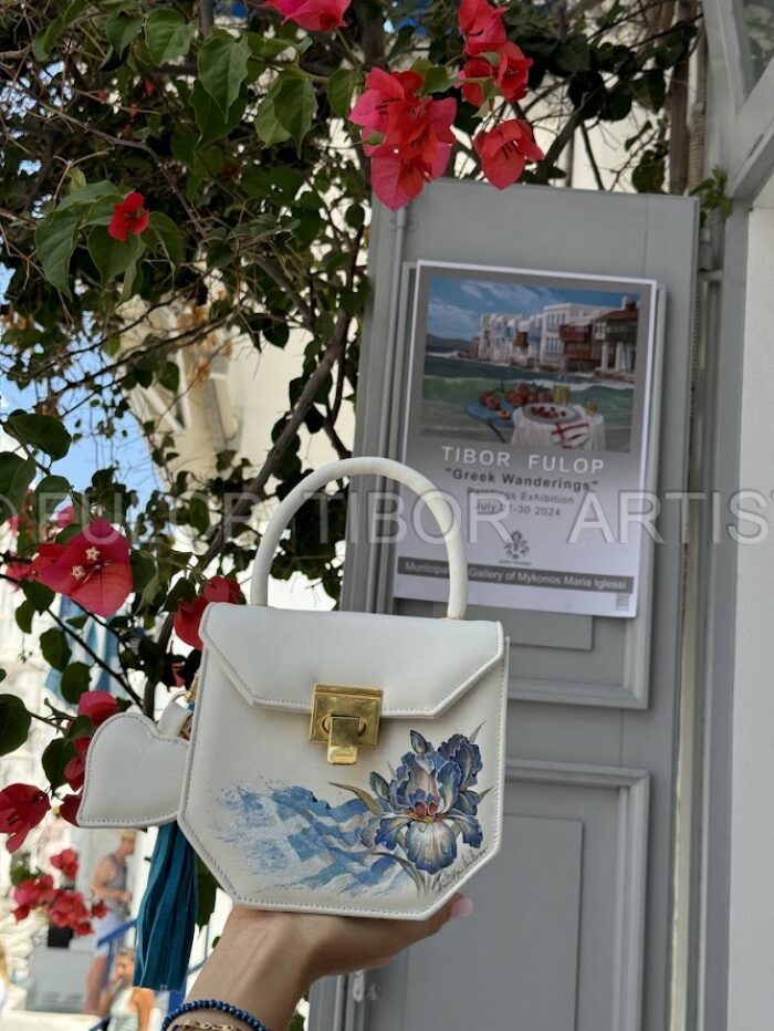 Mykonos Art Exhibition exterior front with Greek Handbag