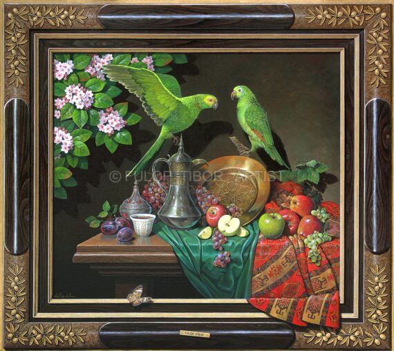 Parrots on Glass with Painted Frame