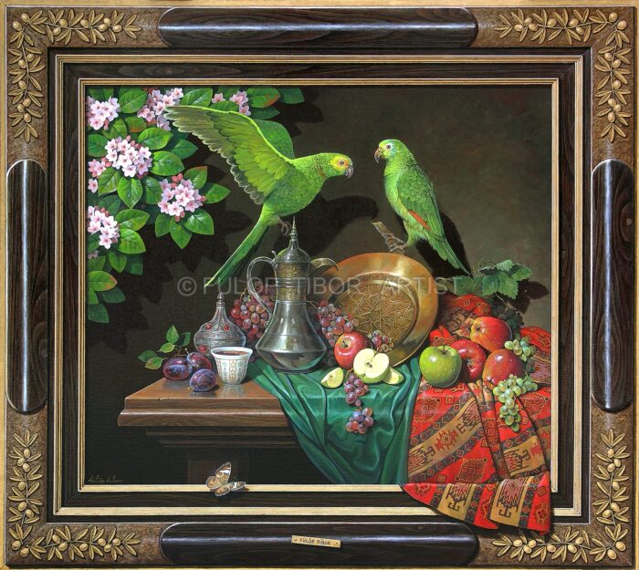 Parrots on Glass with Painted Frame