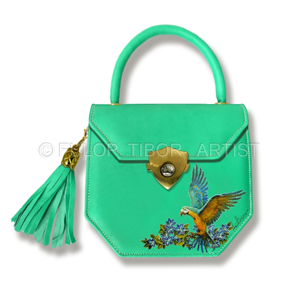 Emerald Green Iconic Mini Handbag - Emerald Green Flap Tassel - Flying Parrot - With Flowers