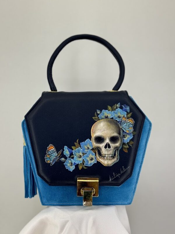 Capri Blue Polygon Handbag - Navy Blue Flap Tassel - Skull with Blue Bouquet