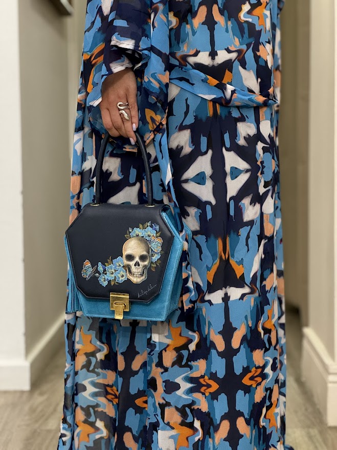 Capri Blue Polygon Handbag - Navy Blue Flap Tassel - Skull with Blue Bouquet - Front Pose