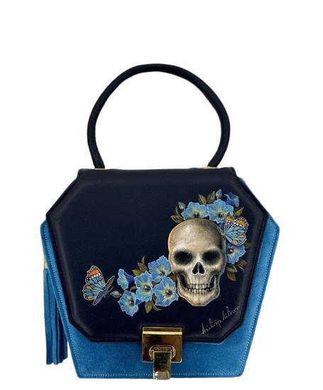 Capri Blue Polygon Handbag - Navy Blue Flap Tassel - Skull with Blue Bouquet