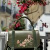 Dark-Green-Satchel-Handbag-Dark-Olive-Green-Flap-Tassel-with-Almond-Tree-Blossoms-front