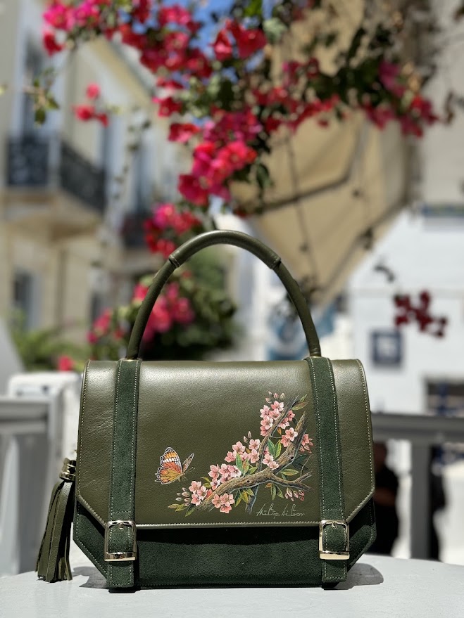 Dark-Green-Satchel-Handbag-Dark-Olive-Green-Flap-Tassel-with-Almond-Tree-Blossoms-front