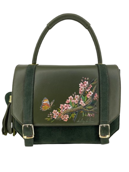 Dark Green Satchel Handbag Dark Olive Green Flap Tassel with Almond Tree Blossoms