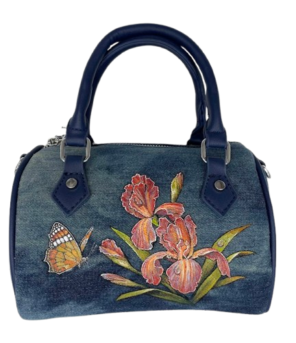 Blue-Jeans-Barrel-Bag-with-Iris-Bouquet