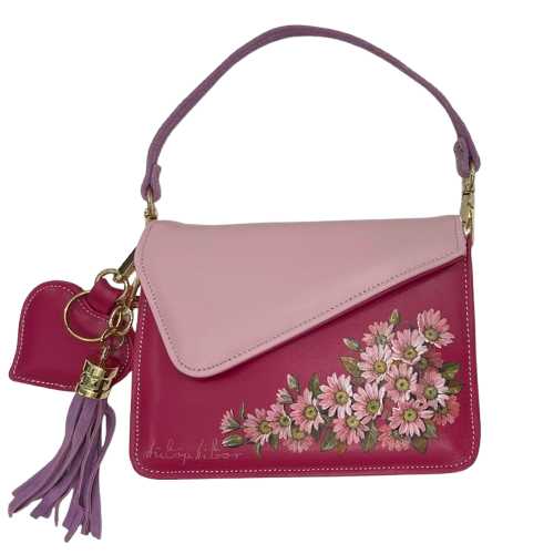 Hot-Pink-Corner-Clutch-Pink-Flap-Tassel-with-Pink-Daisies.