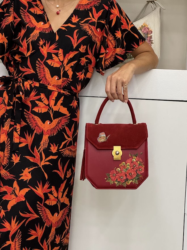 Maroon-Iconic-Medium- Handbag-Flap-Tassel-with Poppies Bouquet - front