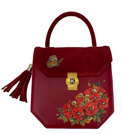 Maroon-Iconic-Medium- Handbag-Flap-Tassel-with Poppies Bouquet