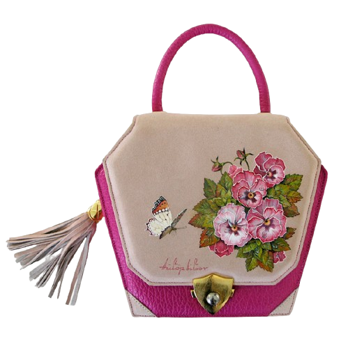 Pink-Polygon-Handbag-Flap-Tassel-with-Pink-Pansies.