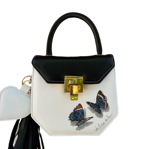 White-Black-Iconic-Mini-Handbag-Flap-Tassel-with-Blue Butterflies