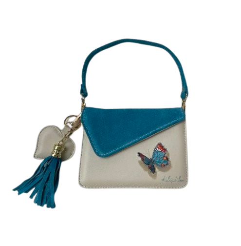 White-Blue-Corner-Clutch-Flap-Tassel-with-Blue-Butterfly